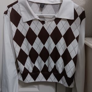 SHEIN Brown and White Argyle V-Neck Sweater